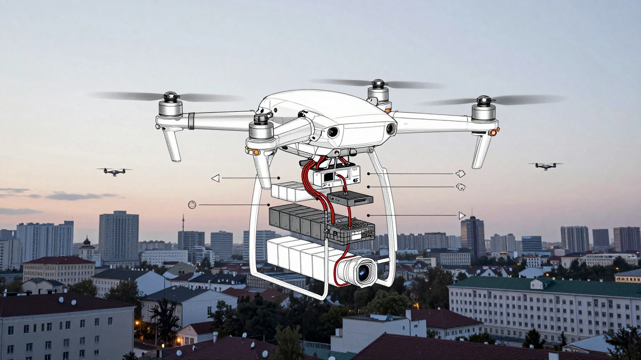 Крос-секція дрона з етапами збірки та міським пейзажем Києва на тлі.