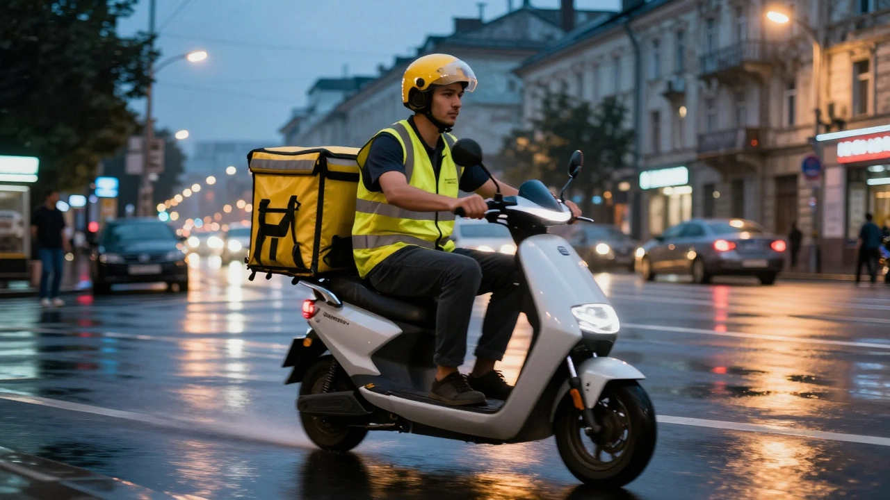 Кур'єр на електросамокаті їде вночі по дощових вулицях Києва з пакетами їжі.