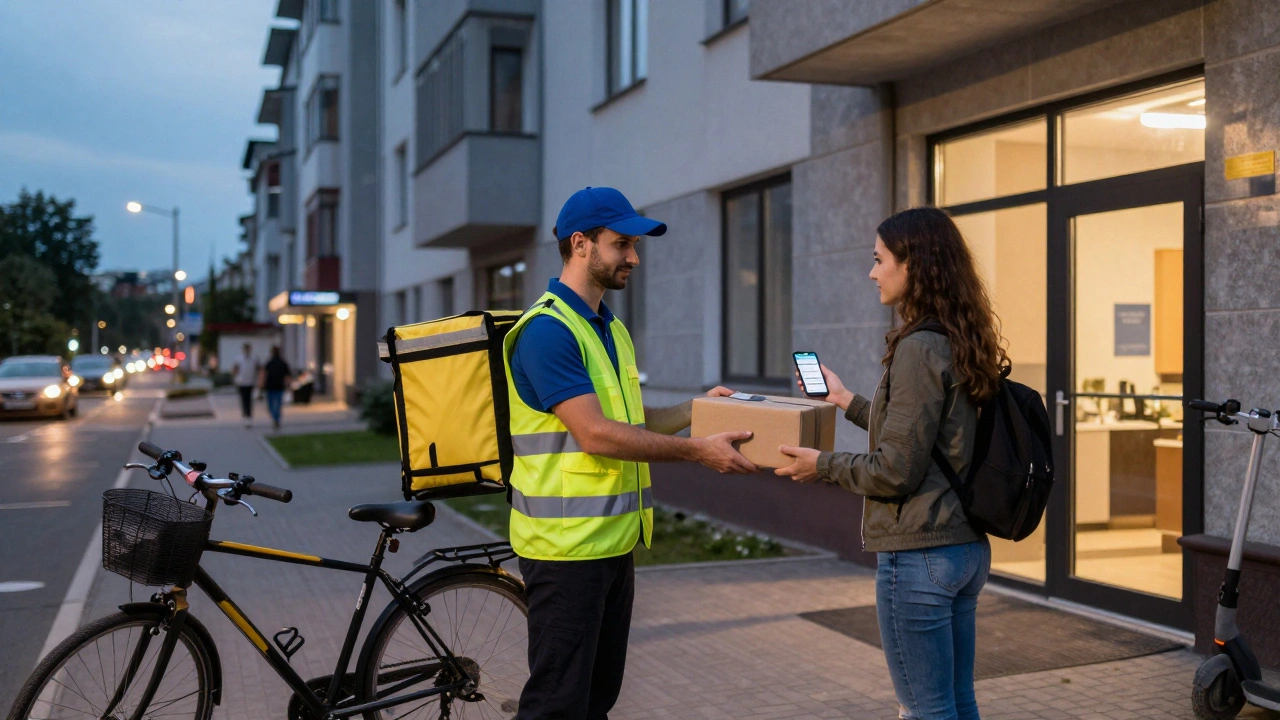 Кур'єр передає пакунок клієнту в житловому комплексі в Оболоні, Київ.