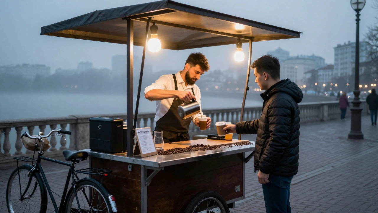 Мобільний кавовий візок в Києві ранком, бариста наливає каву клієнту на вулиці.