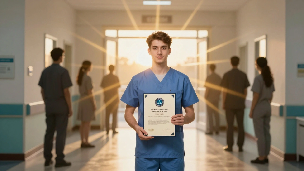 Молодий фахівець з дипломом рентгенолаборанта стоїть перед входом до лікарні, сонце освітлює його сертифікат.