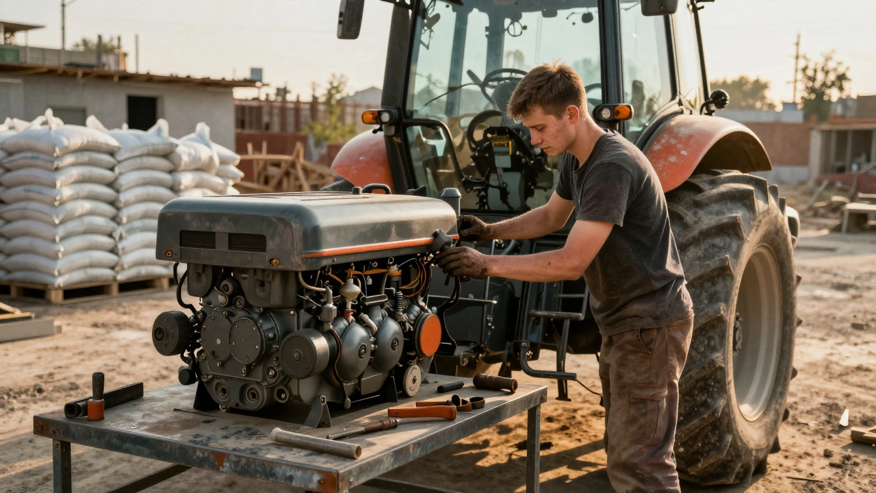 Молодий тракторист оглядає двигун трактора на будівельному майданчику на Лівому березі Києва.