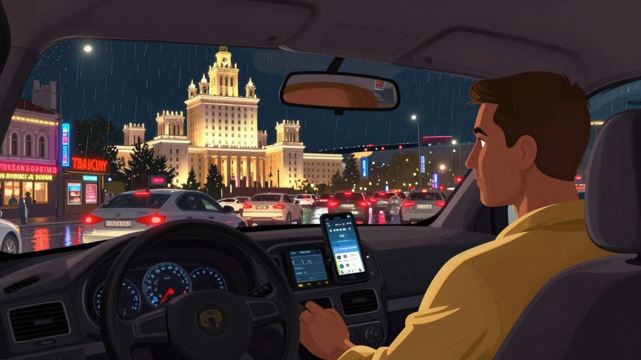 Нічна поїздка в Києві: таксі їде повз підсвічені бари та аеропорт, дощ на вулиці.