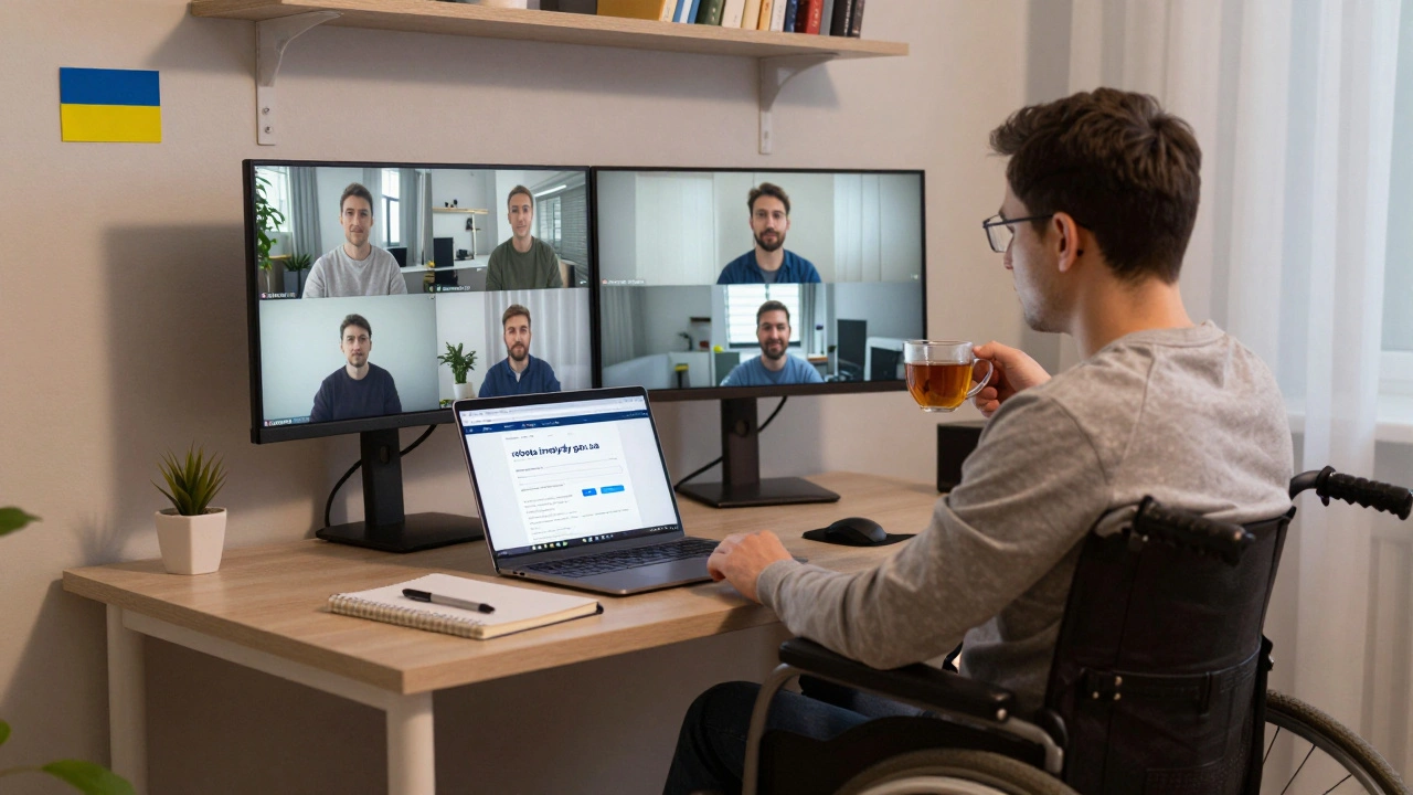 Оператор з інвалідністю працює з дому, стежачи за камерами на моніторах у затишному кабінеті.