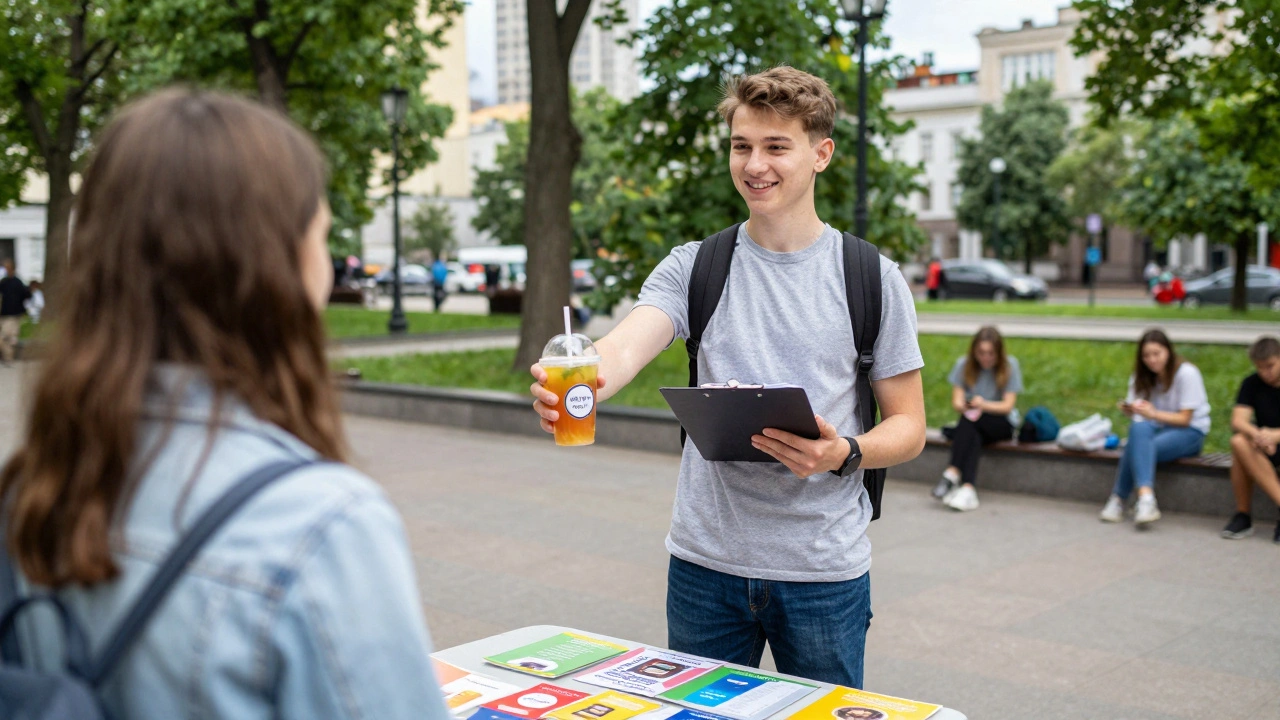 Підліток розповсюджує зразки в парку Києва, посміхається проходячим.