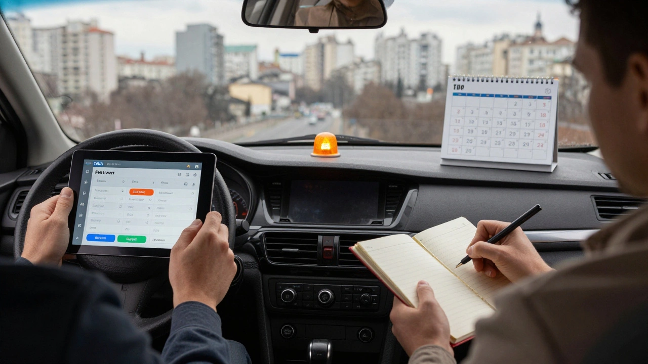 Поділений образ таксиста: зліва — відстеження доходів, справа — запис витрат у блокноті.