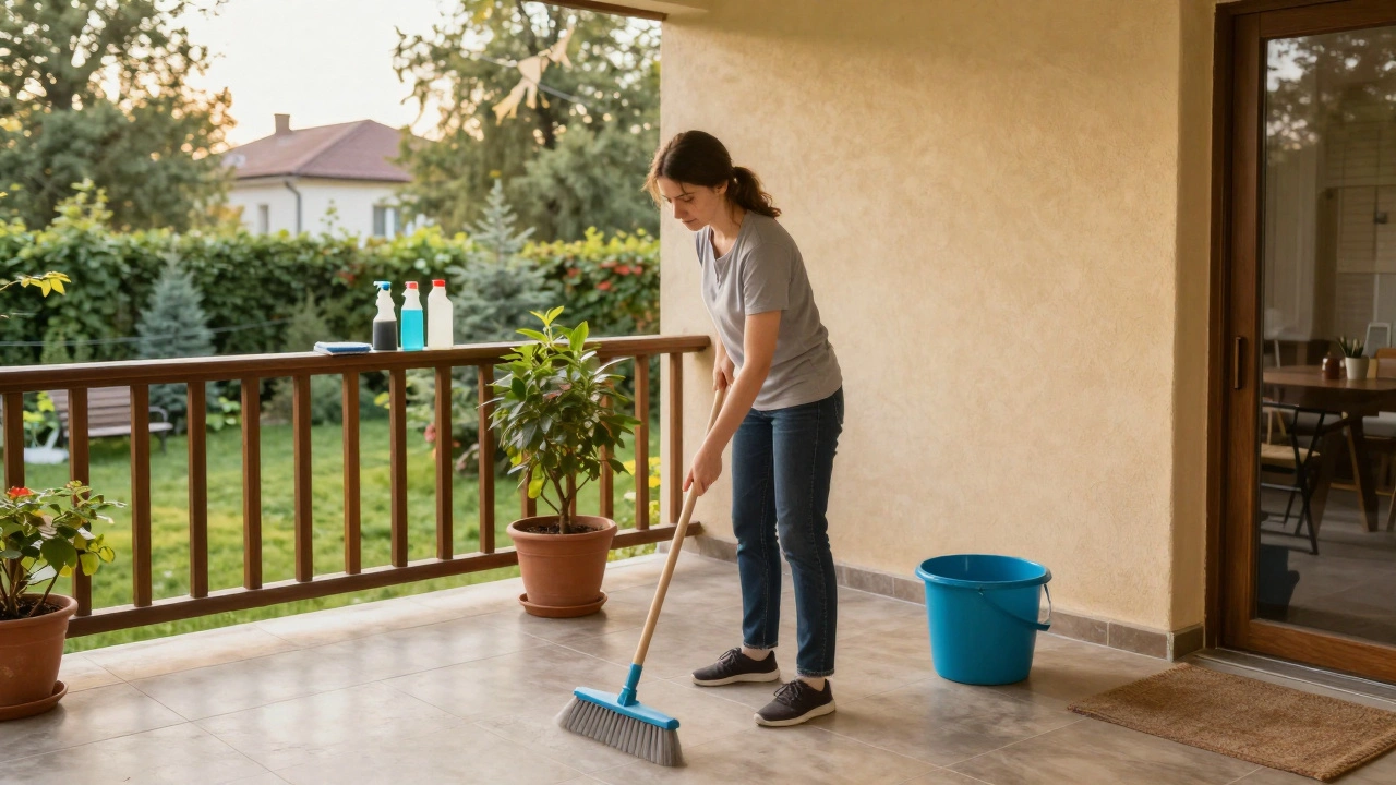 Прибиральниця прибирає терасу в приватному будинку на Лівому березі.