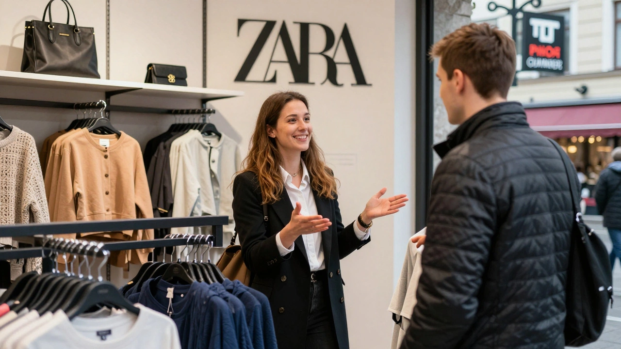 Продавець у магазині Zara в Києві допомагає іноземному клієнту.