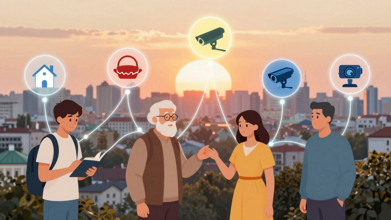 Різні люди Києва зі з'єднаними іконами роботи: фасовка, доставка, охорона, вебкам.