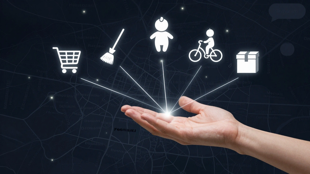 Рука витягує з Telegram п’ять ікон роботи: магазин, метла, дитина, велосипед, коробка.