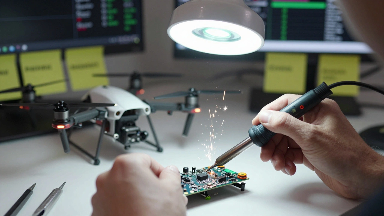 Руки паяють мікросхему дрона під лупою, на тлі — готові дрони на тестовому стенді.