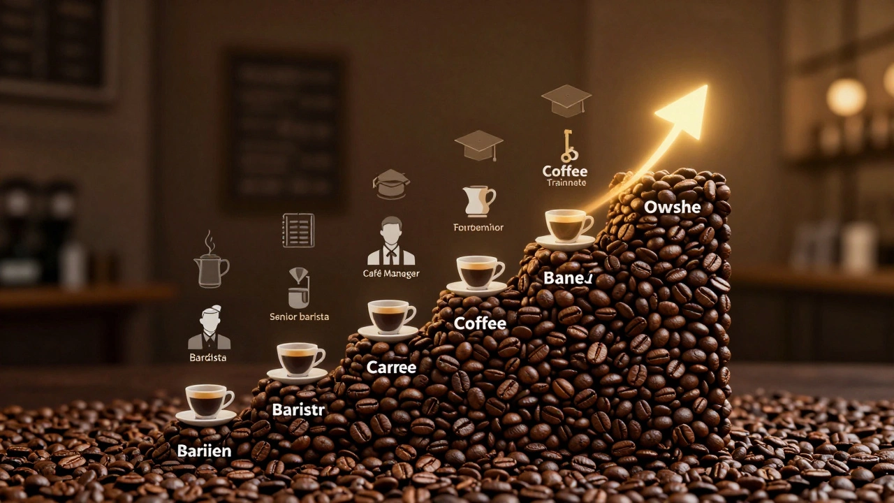 Схема кар’єрного шляху баристи: від виконавця до власника кав’ярні, зображеного сходами з кавових зерен.