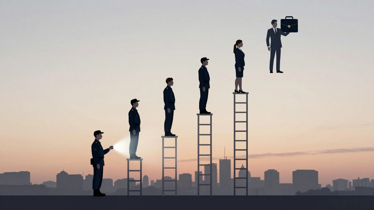 Символічна ілюстрація росту сторожа від простого працівника до власника бізнесу.