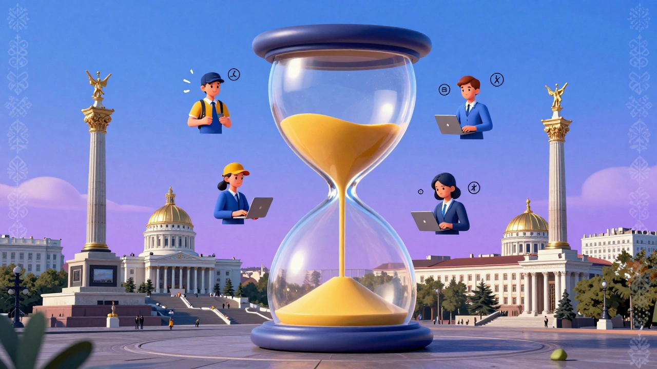 Символічна півгодинна пісочна годинника з іконами робіт на півставки, на тлі пам'яток Києва, з українськими орнаментами.