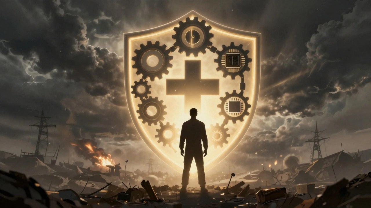 Щит з елементами інфраструктури захищає людину від військового тилу.