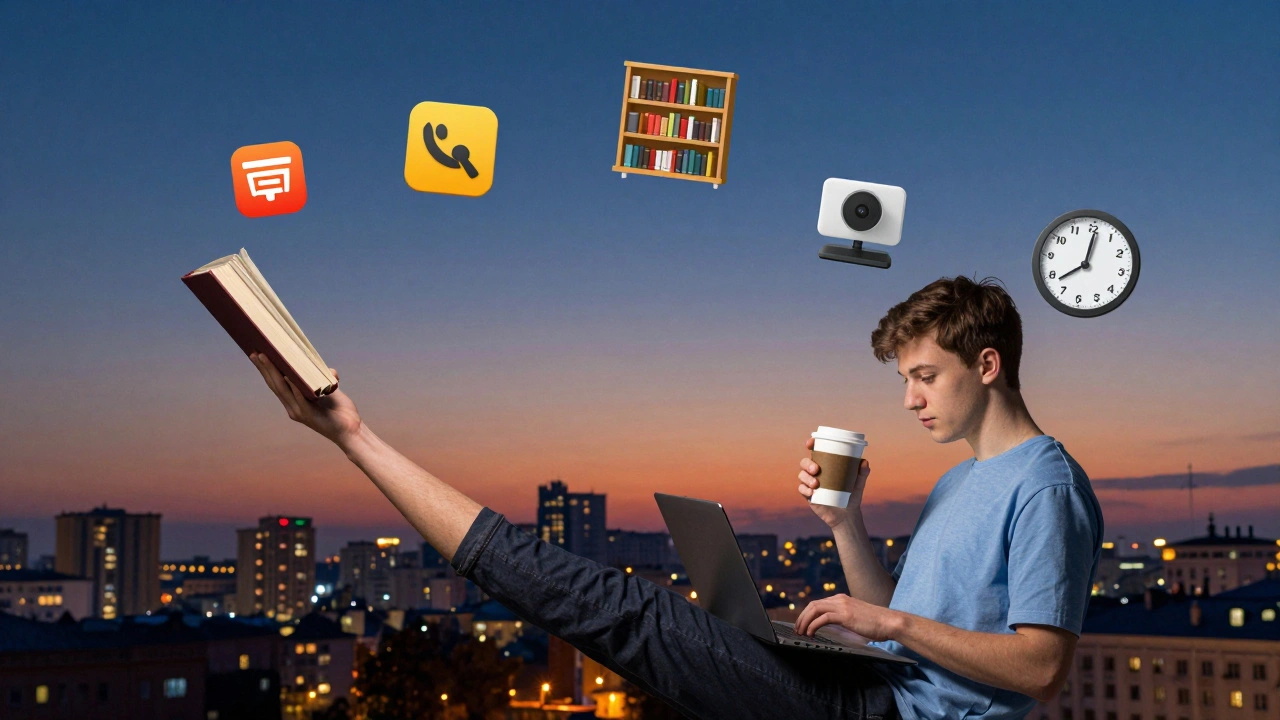 Студент балансує між навчанням і роботою, зображений через символи: книгу, ноутбук, каву і годинник.