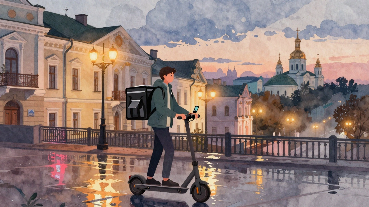 Студент на електросамокаті доставляє їжу в Києві під час сутінків, проїжджаючи повз історичні будівлі.