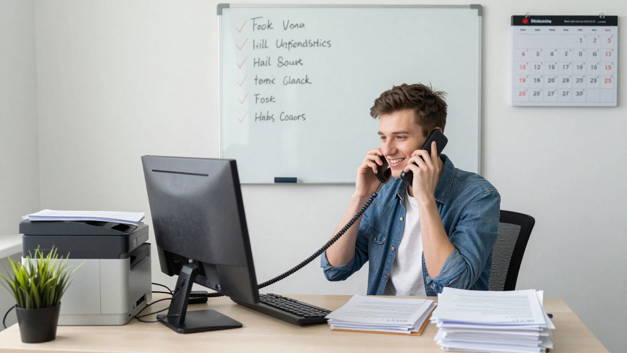 Студент працює адміністратором у сучасному офісі в Києві, відповідає на дзвінки.