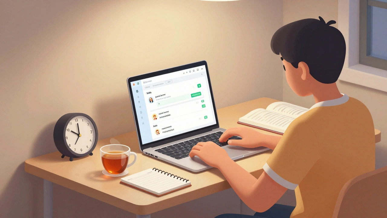 Студент працює з дому за ноутбуком, поряд — підручник і зошит з навичками.