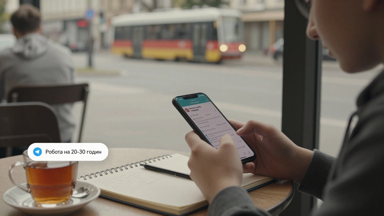 Студентка дивиться на вакансію неповної зайнятості в Telegram на телефоні в кав’ярні в Києві.