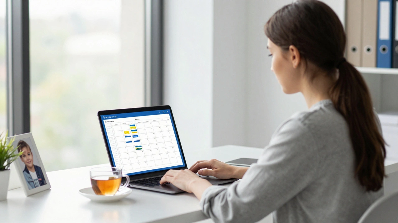 Студентка працює вдома як офісний асистент, на столі — планер з графіком півставки та фото дитини.