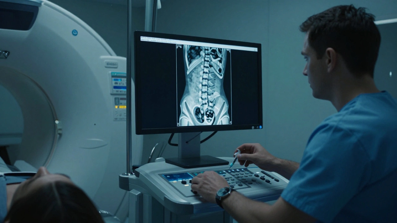 Технік спостерігає за 3D-зображенням хребта на екрані КТ-апарату в приватній клініці.