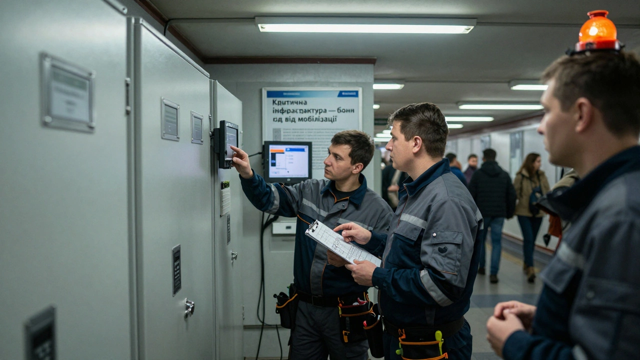 Техніки в метро Києва перевіряють електропристрої, за ними — плакат про броню.