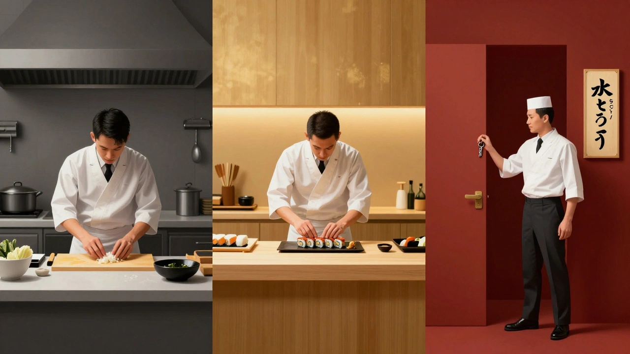 Три етапи кар’єри сушиста: стажер, фахівець і головний сушист — з символічним переходом від темного до світлого.