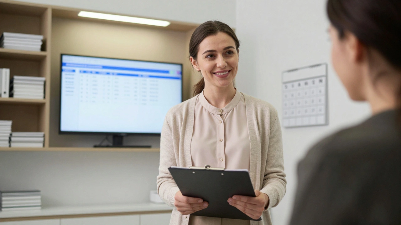 Жінка-адміністратор допомагає пацієнтові в клініці в Києві.