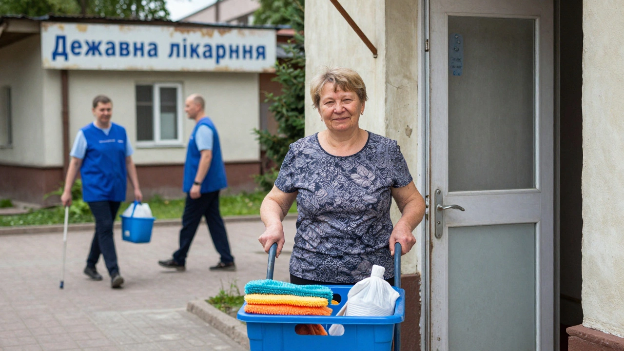 Жінка після 50 років з інвентарем для прибирання стоїть перед лікарнею на Лівому березі Києва.