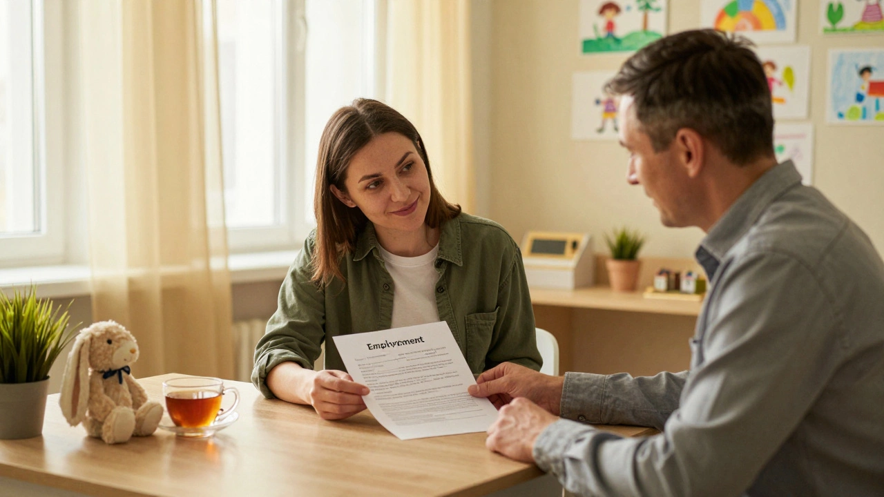Жінка та менеджер обговорюють працевлаштування в дитячому садку, на столі — договір і лялька.