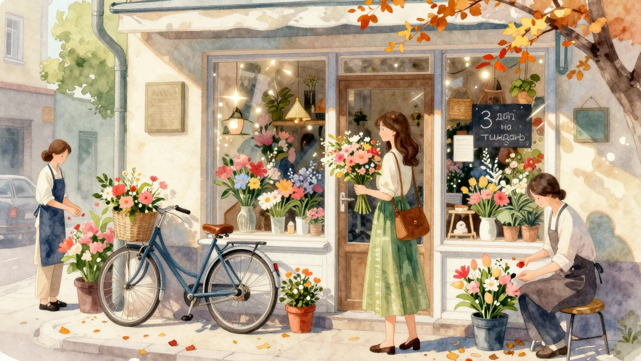 Жінка тримає букет квітів біля квіткового магазину в Києві.