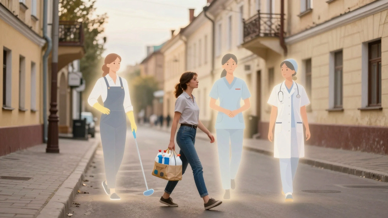 Жінка з сумкою для прибирання йде вулицею, навколо неї — прозорі образи її майбутніх можливостей.