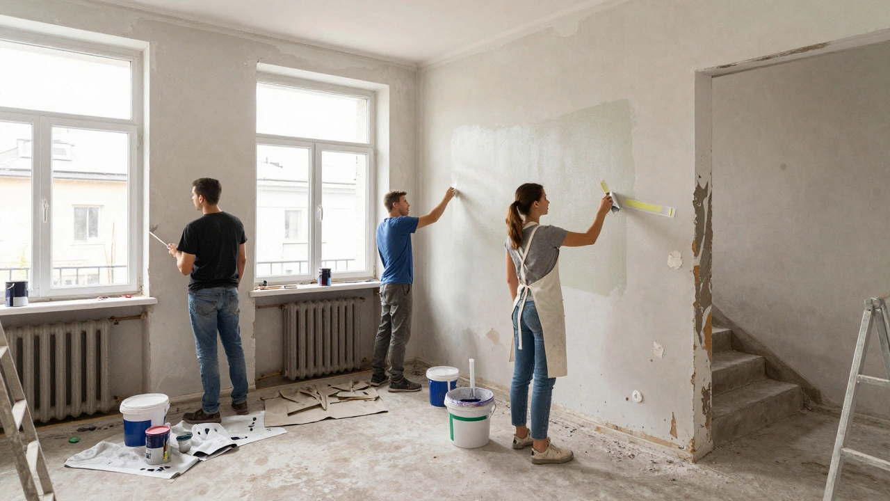 Бригада малярів готує під’їзд до фарбування: скреплюють краї, знімають стару фарбу, розмішують фарбу.