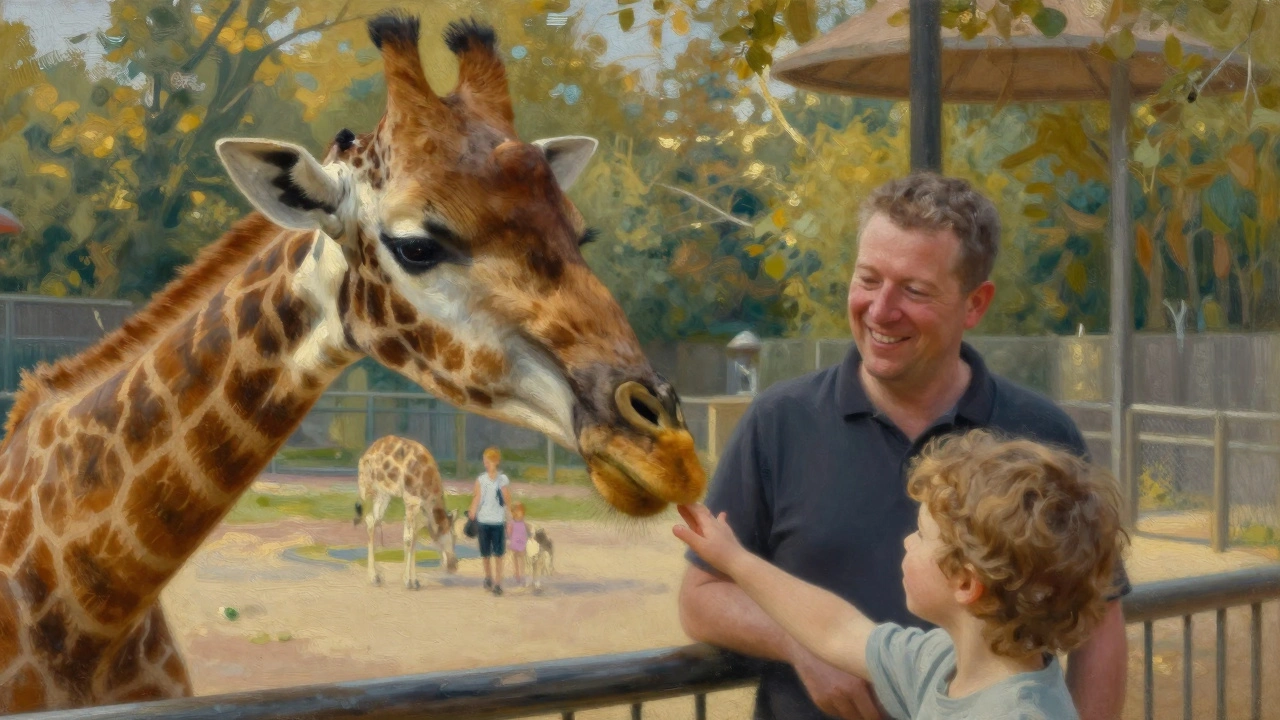 Дитина торкається шиї жирафи, а зоотехнік спостерігає з теплим виразом обличчя.