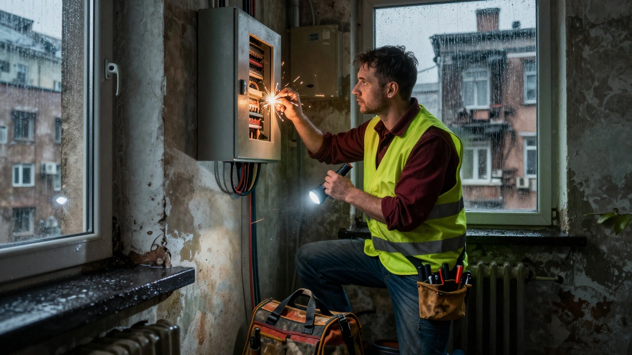 Досвідчений електрик діагностує несправність у темному коридорі багатоповерхівки