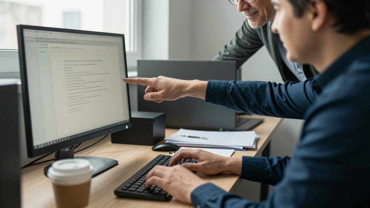 Досвідчений працівник навчає новачка працювати за комп’ютером у невеликому офісі.