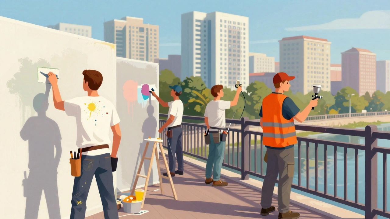 Група малярів працює на мосту і в будівлях Києва під сонячним небом, розкидані фарбові плями.