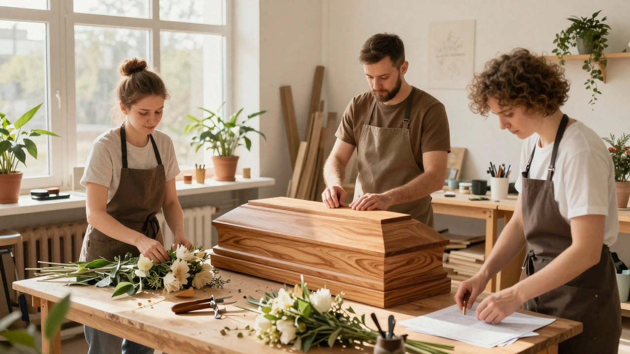 Команда фахівців у майстерні ритуальних послуг у Києві працює з квітами, деревом і документами.