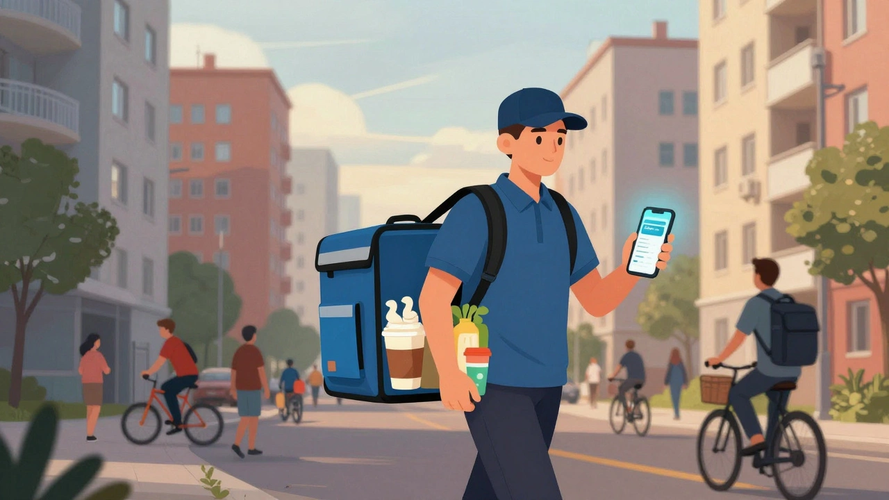 Кур'єр у районі Позняки несе замовлення з кавою та продуктами, місто позаду — багатоповерхівки та вулиці.