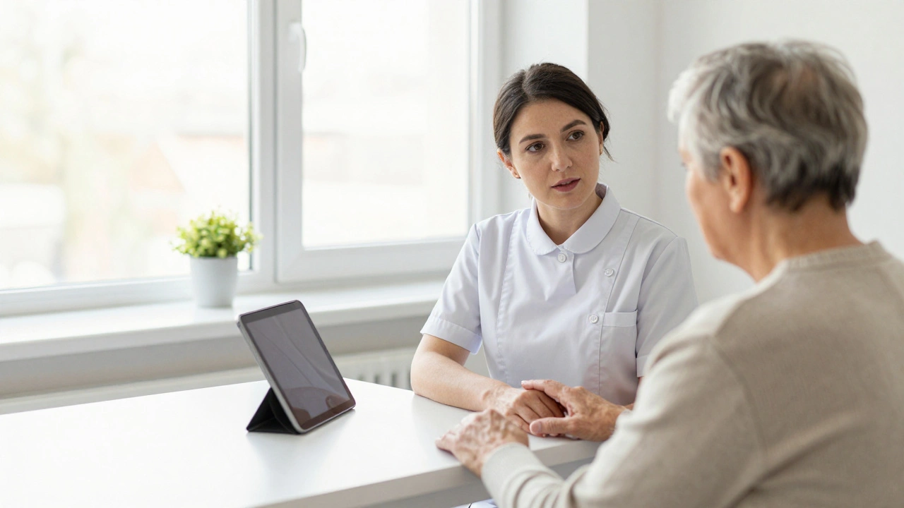 Медсестра пояснює лікування пацієнту в приватній клініці під денним світлом.