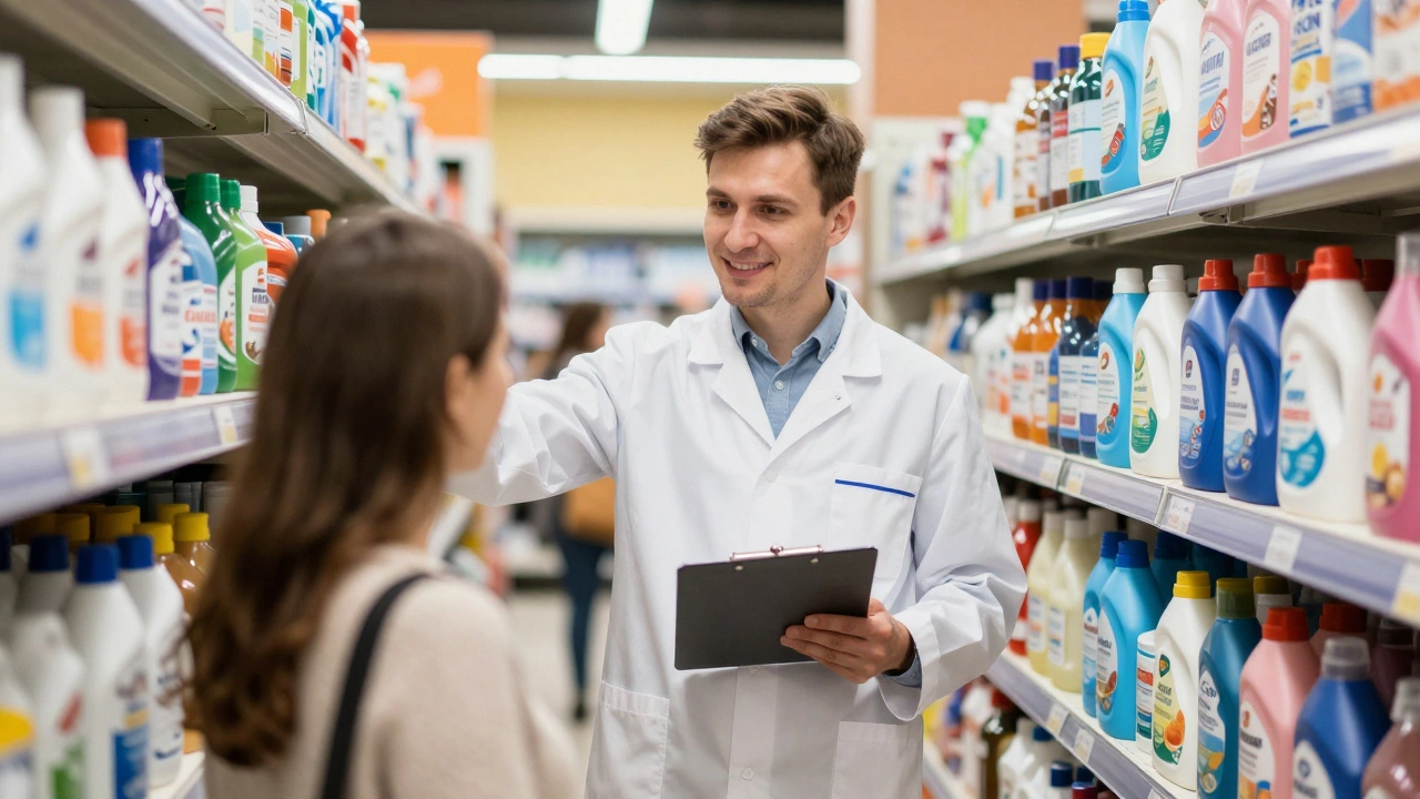 Мерчендайзер допомагає покупцю з вибором товару в магазині Метро.