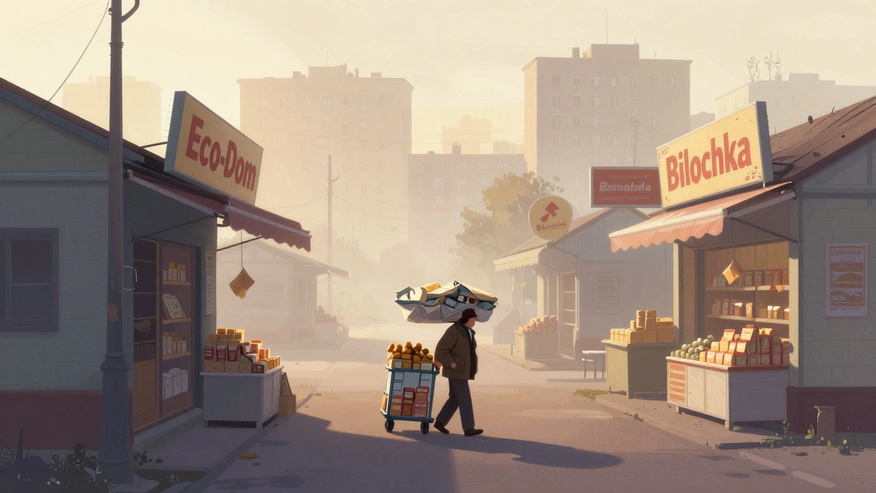 Мерчендайзер пересувається між невеликими магазинами на Лівому берегу Києва з ранку.