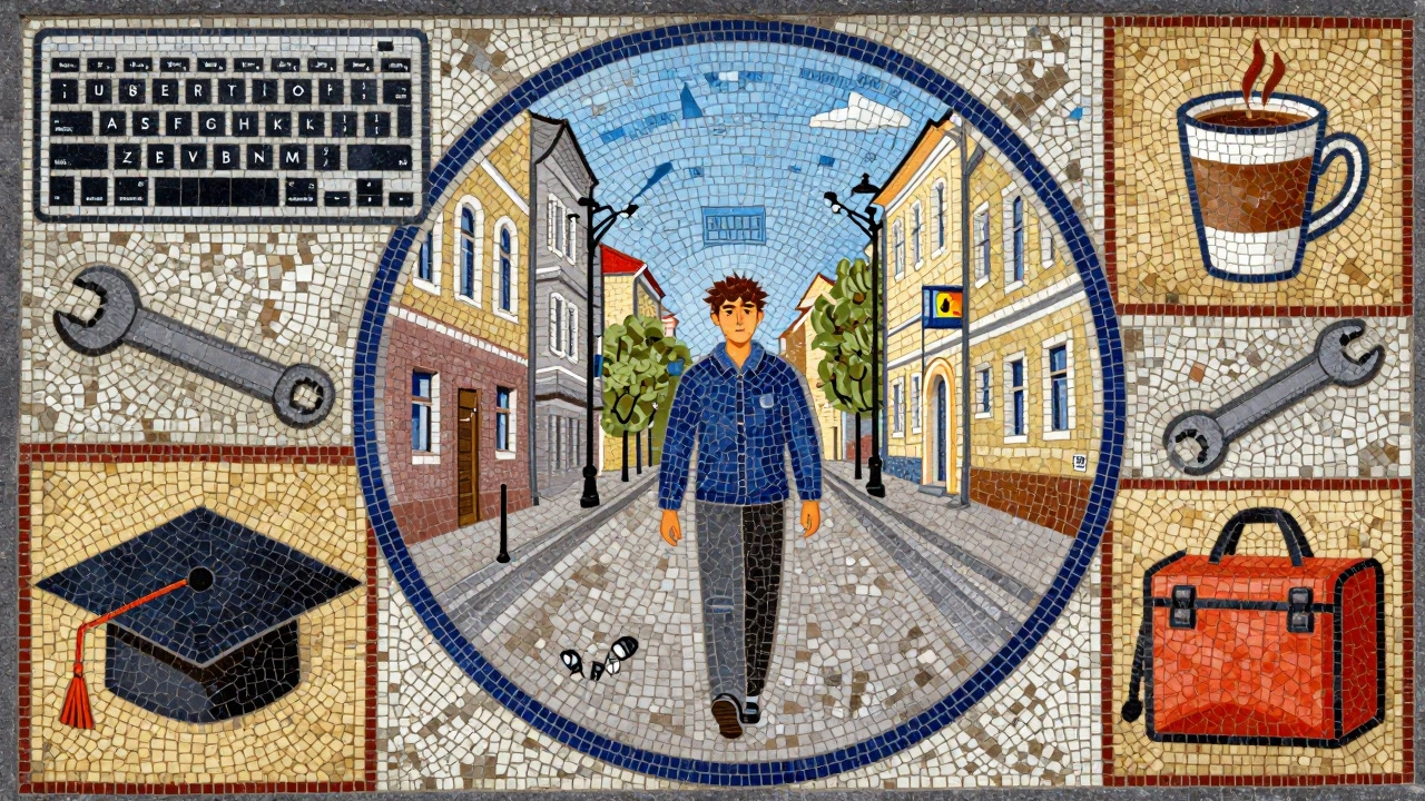 Мозаїка з символами роботи в Шевченківському районі: офіс, кава, інструменти, освіта, кур'єр