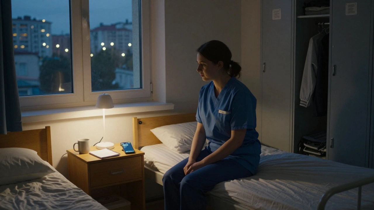 Нічний працівник хостелу сидить на ліжку в спільній кімнаті з вікном на міський пейзаж.
