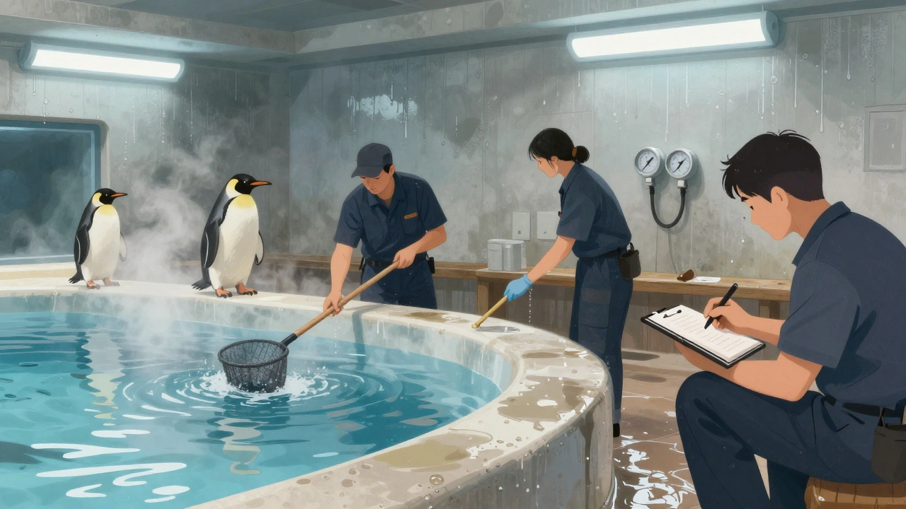 Персонал зоопарку чистить вольєр для пінгвінів, працюючи з інструментами на мокрій поверхні.