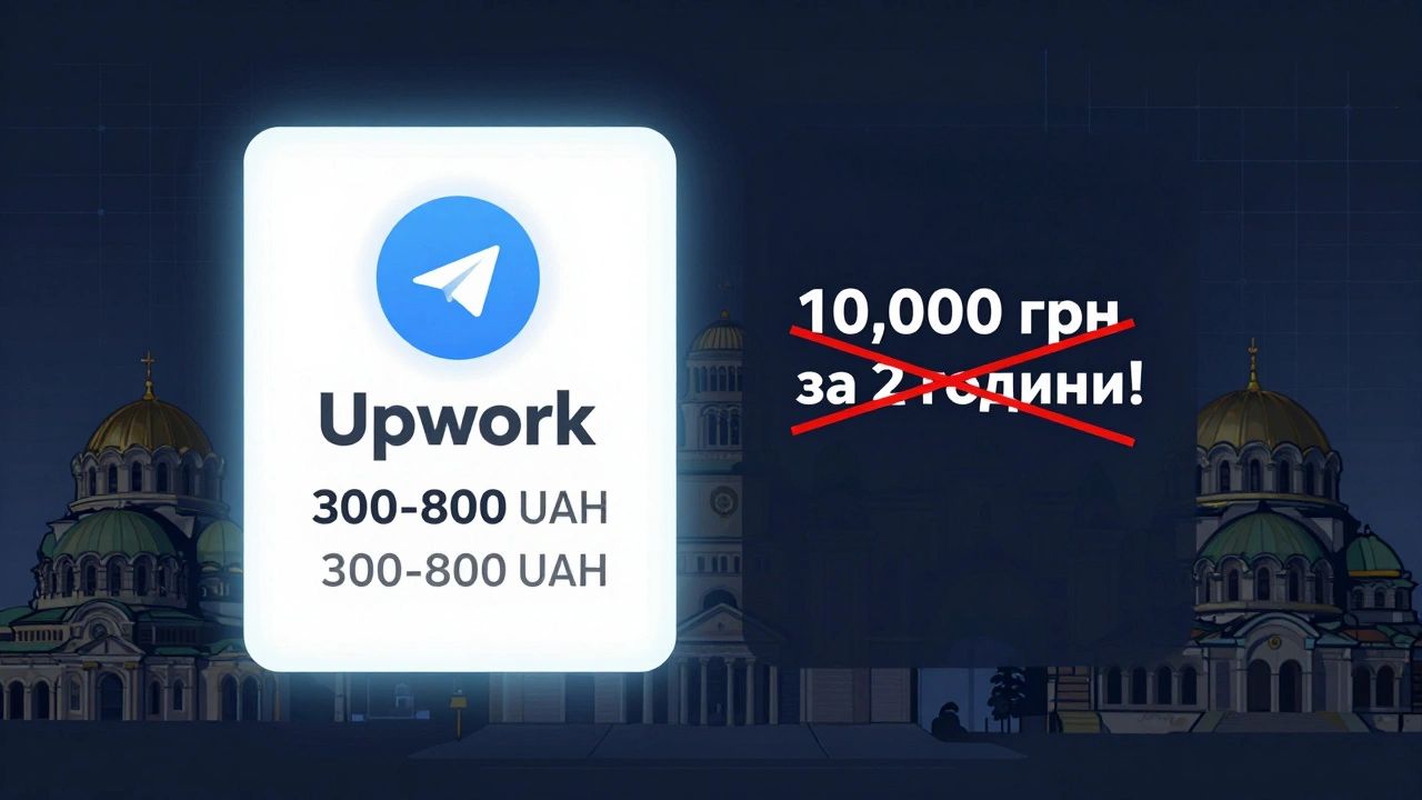Порівняння реальних онлайн-вакансій зі шкідливими Telegram-каналами: зліва — Upwork з чіткими ставками, справа — червоний хрест над обіцянками грошей за ніч.