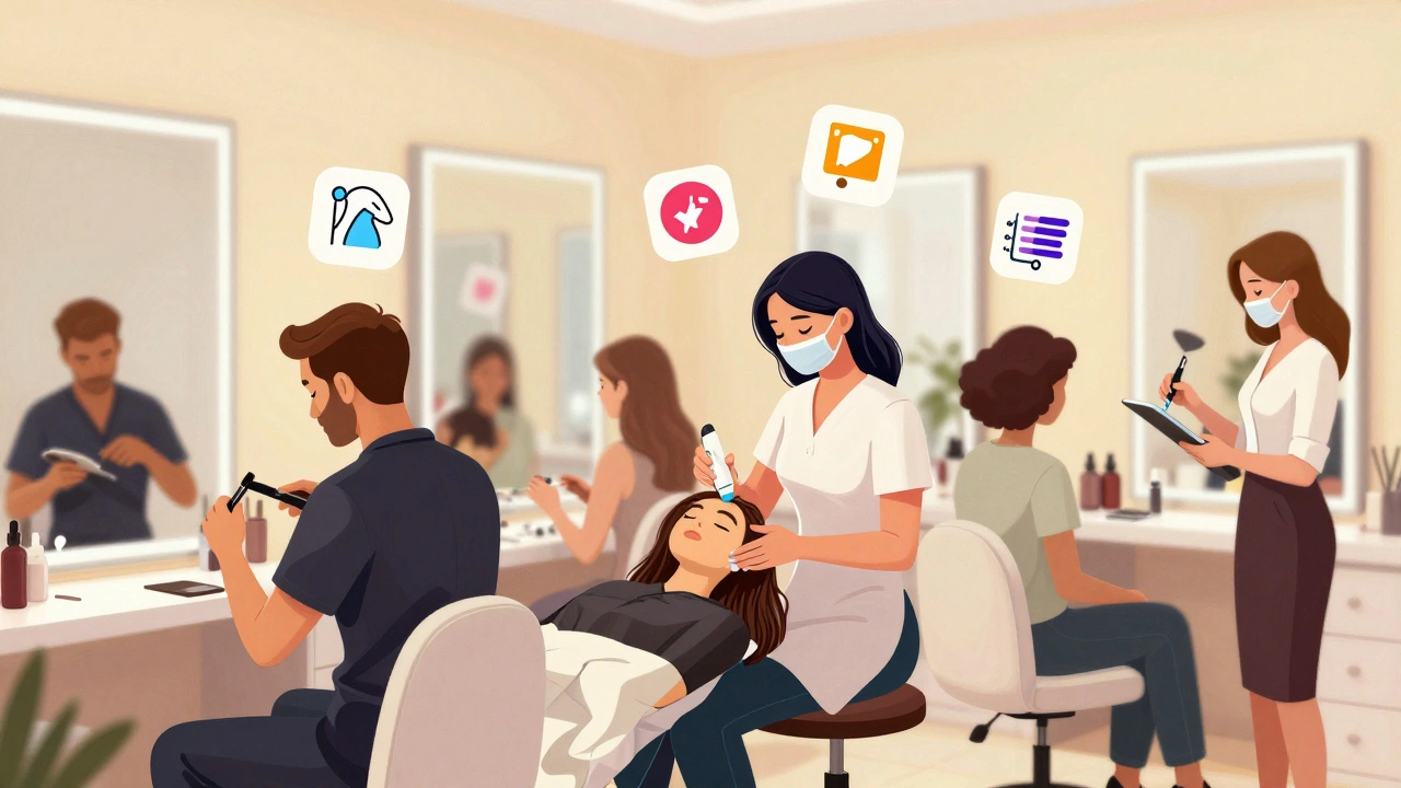 Різні фахівці салону краси в Києві: парикмахер, косметолог, адміністратор — всі на роботі в одному просторі.