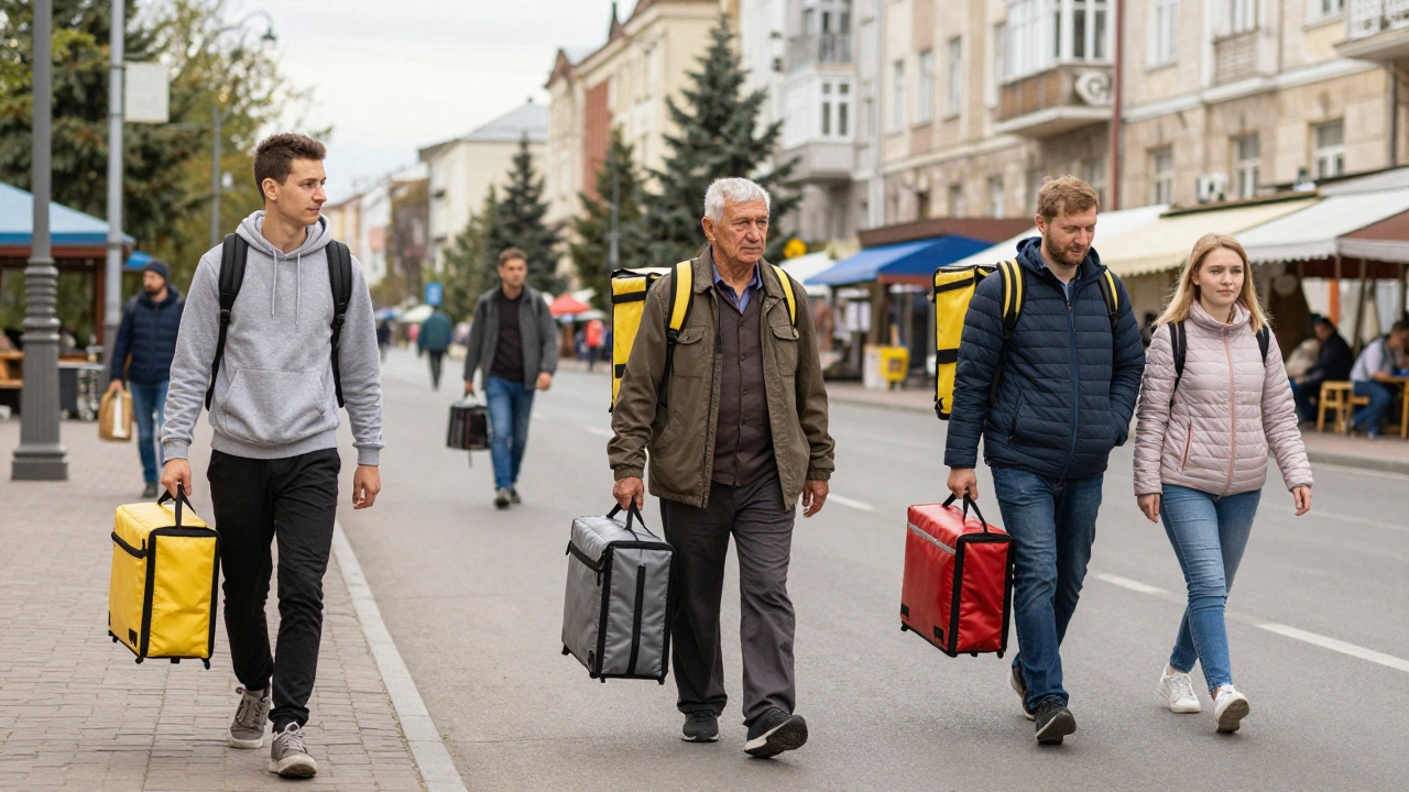 Різні люди в Києві — студент, пенсіонер, батько — ідуть з пакетами доставок, символізуючи гнучкість роботи кур'єра.
