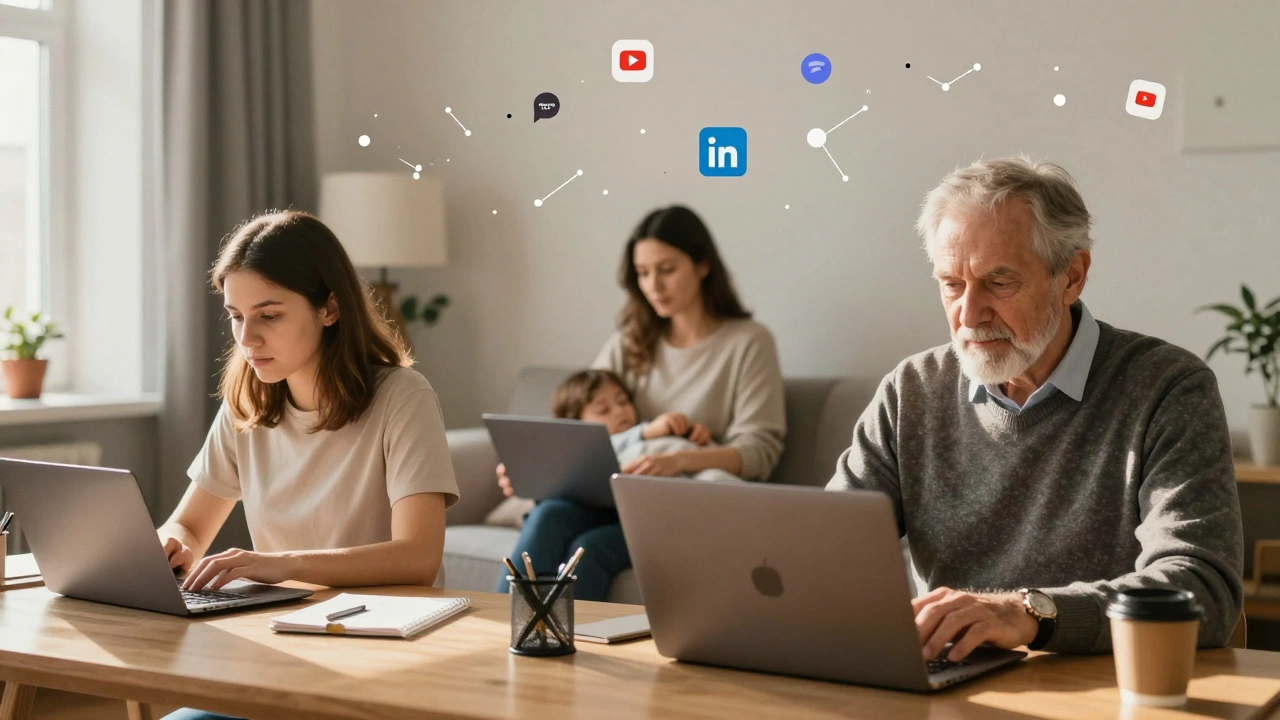 Різні люди з Києва працюють онлайн вдома: студент, батько з дитиною, пенсіонер — кожен за своїм комп'ютером, над ними плавають логотипи віддалених платформ.